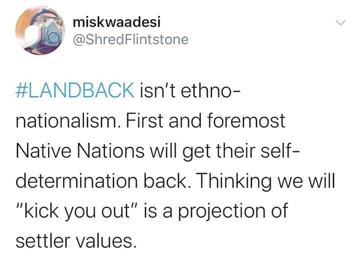 This meme is a screenshot of a tweet from a Twitter user named @sharadkath (now known as @sharadkath_). The tweet says "LAND BACK" in all caps, followed by a period. The text continues with a statement about the importance of acknowledging and respecting the history and land rights of Indigenous peoples, particularly in the context of the "Land Back" movement, which seeks to return Indigenous lands to their original owners.